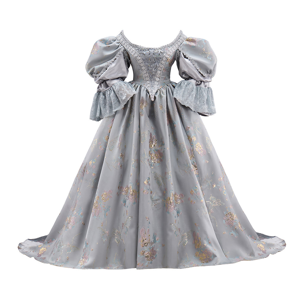 Rococo Light Gray Floral Patterned Puff Sleeve Ball Gown Dress for Historical Reenactments, Rococo Themed Events Halloween and Christmas