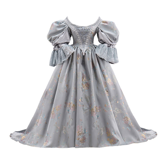 Rococo Light Gray Floral Patterned Puff Sleeve Ball Gown Dress for Historical Reenactments, Rococo Themed Events Halloween and Christmas
