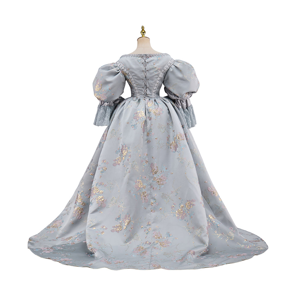 Rococo Light Gray Floral Patterned Puff Sleeve Ball Gown Dress for Historical Reenactments, Rococo Themed Events Halloween and Christmas