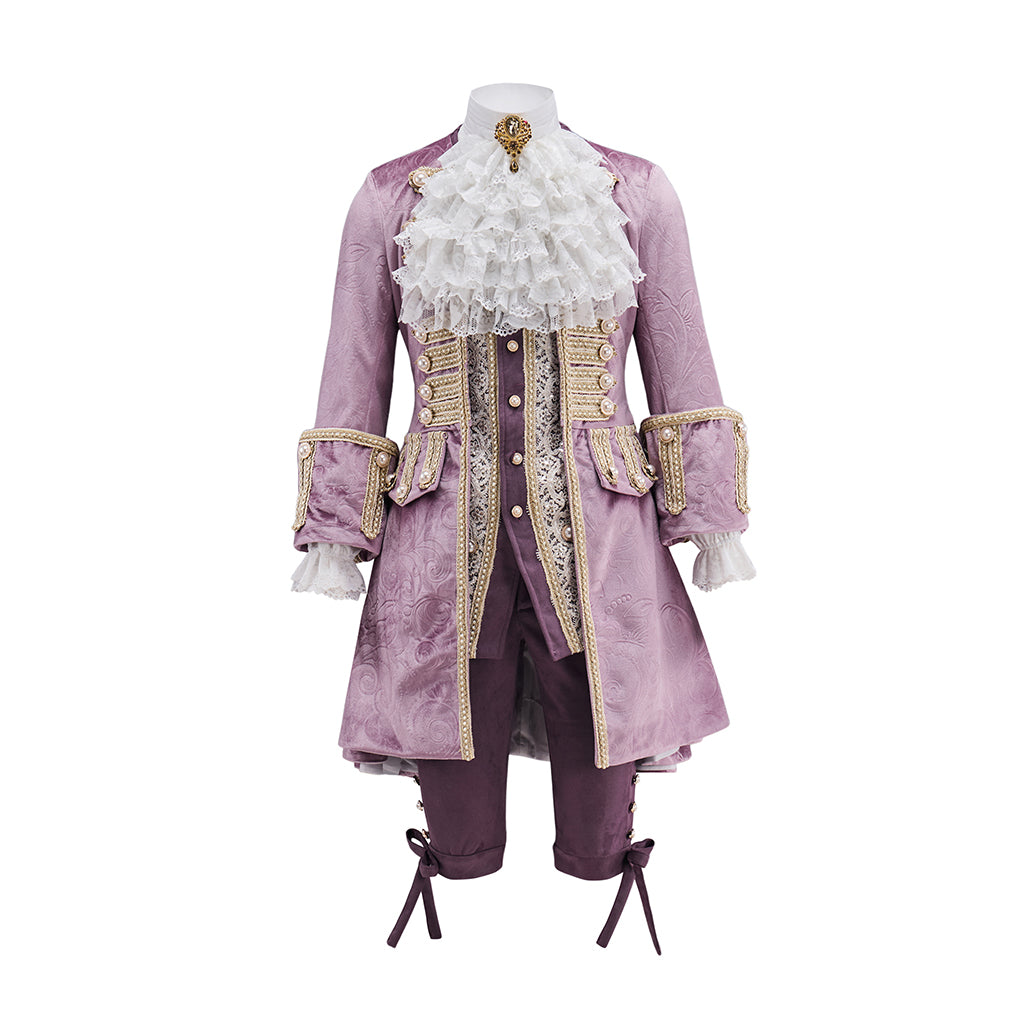 Medieval Purple Velvet Court Jacket with Gold - Trimmed Details, White Ruffled Collar for Historical Reenactments Halloween and Christmas