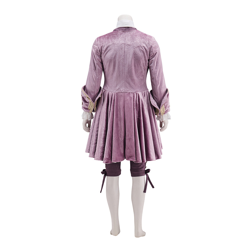 Medieval Purple Velvet Court Jacket with Gold - Trimmed Details, White Ruffled Collar for Historical Reenactments Halloween and Christmas