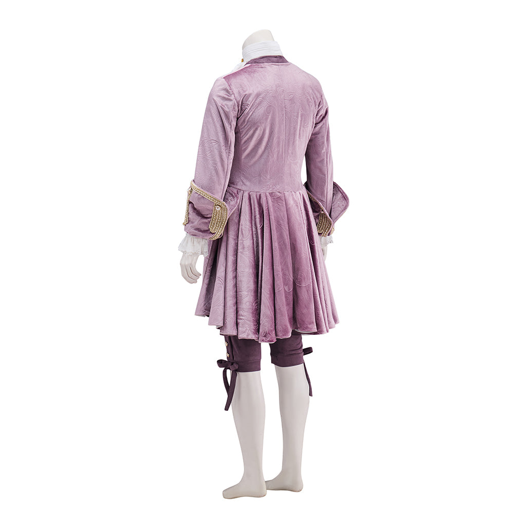 Medieval Purple Velvet Court Jacket with Gold - Trimmed Details, White Ruffled Collar for Historical Reenactments Halloween and Christmas