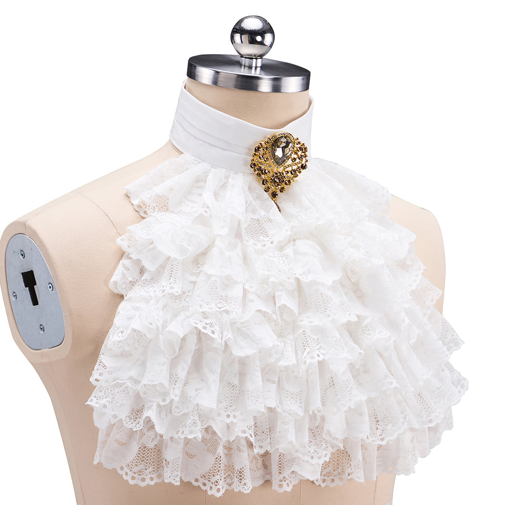 Medieval White Ruffled High Neck Collar with Golden Ornament Detailing for Historical Reenactments Medieval Halloween and Christmas