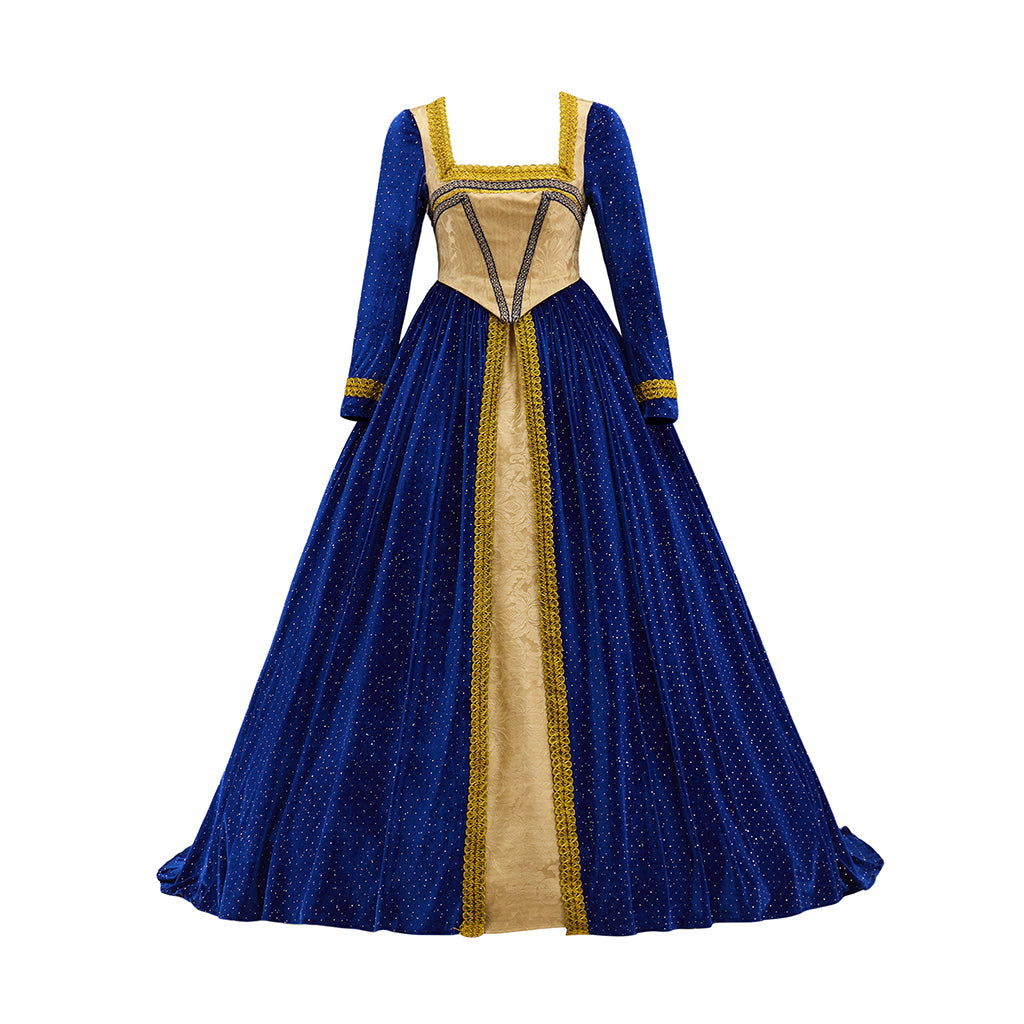 Medieval Victorian Blue Long Sleeved Gown with Golden Vertical Detailing for Historical Reenactments Halloween and Christmas