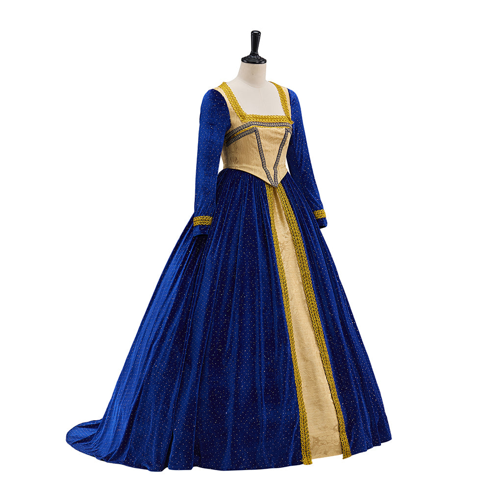 Medieval Victorian Blue Long Sleeved Gown with Golden Vertical Detailing for Historical Reenactments Halloween and Christmas