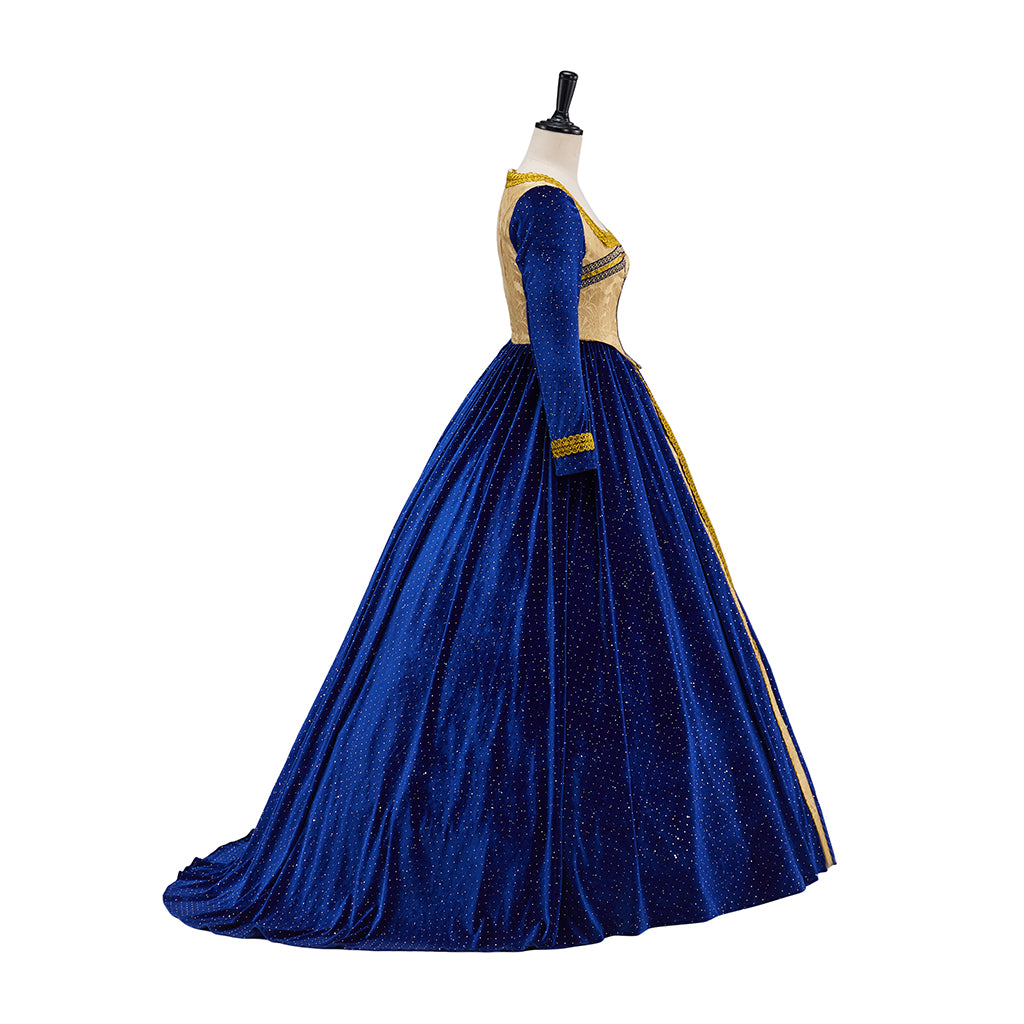Medieval Victorian Blue Long Sleeved Gown with Golden Vertical Detailing for Historical Reenactments Halloween and Christmas