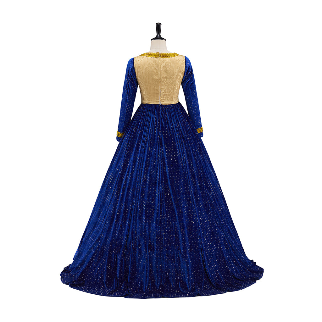 Medieval Victorian Blue Long Sleeved Gown with Golden Vertical Detailing for Historical Reenactments Halloween and Christmas