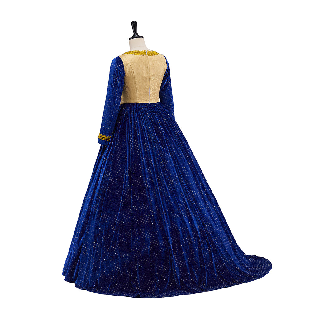 Medieval Victorian Blue Long Sleeved Gown with Golden Vertical Detailing for Historical Reenactments Halloween and Christmas