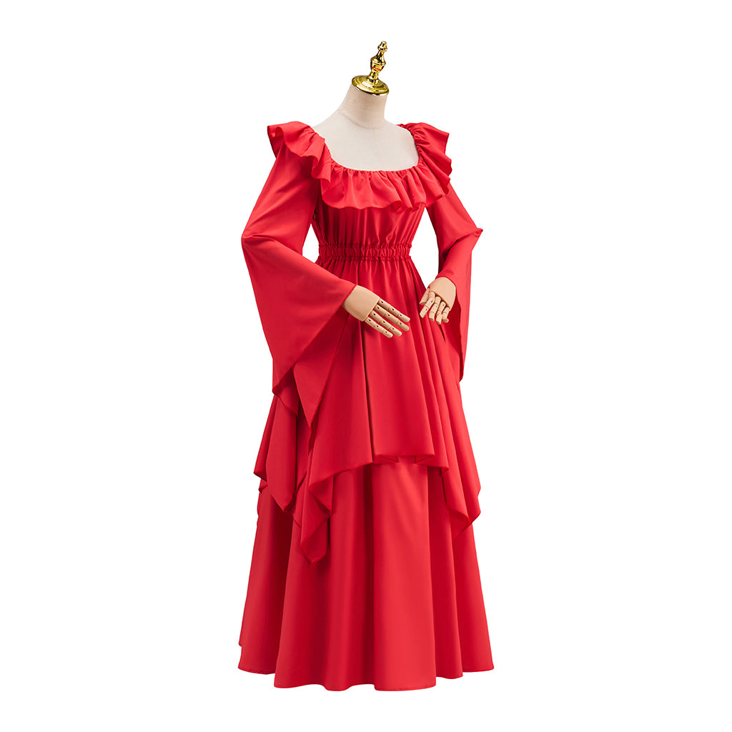 Medieval Red Square Neck Long Sleeved Gown with Tiered Details for Historical Reenactments Halloween and Christmas Celebrations