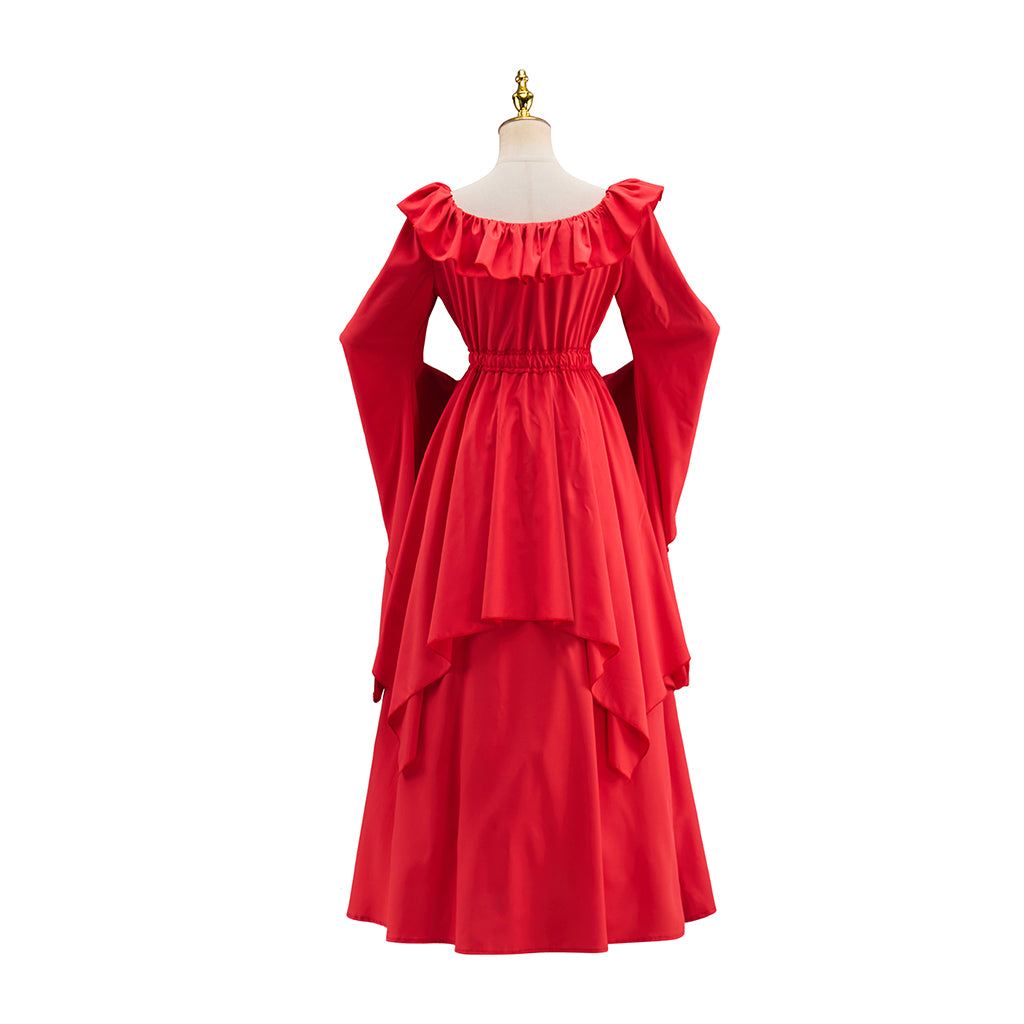 Medieval Red Square Neck Long Sleeved Gown with Tiered Details for Historical Reenactments Halloween and Christmas Celebrations