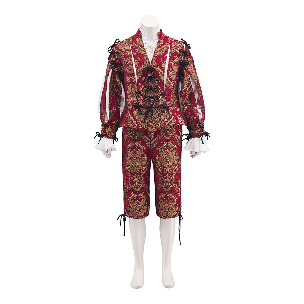Medieval Red Ornate Knightly Ensemble with Intricate Pattern Detailing for Historical Reenactments Halloween and Christmas