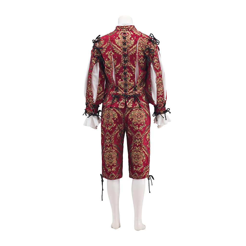 Medieval Red Ornate Knightly Ensemble with Intricate Pattern Detailing for Historical Reenactments Halloween and Christmas