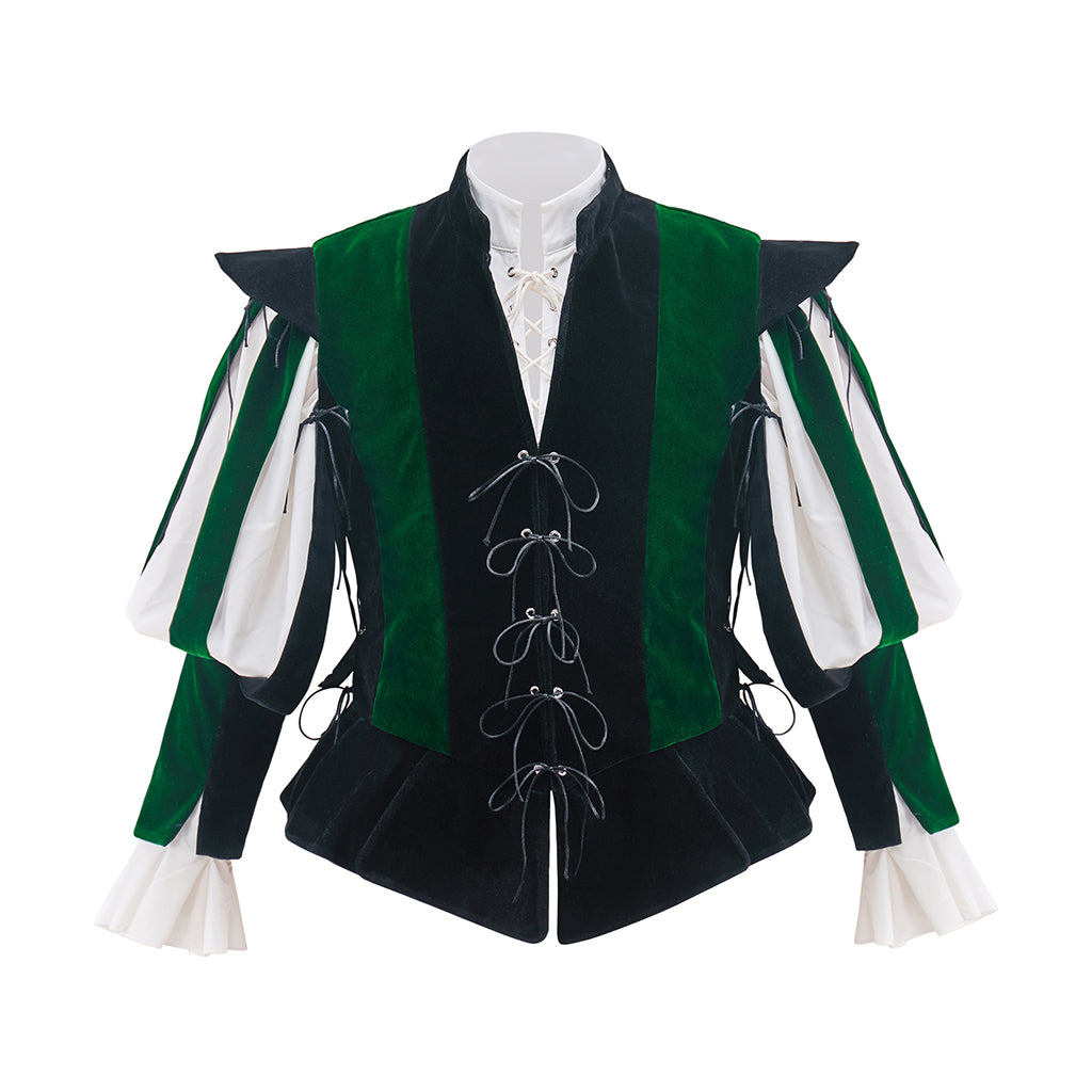 Medieval Green and Black Ornate Vest with Contrasting Sleeves and Lace up Front for Historical Reenactments Halloween and Christmas