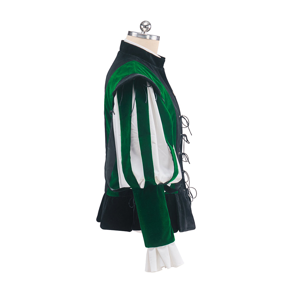 Medieval Green and Black Ornate Vest with Contrasting Sleeves and Lace up Front for Historical Reenactments Halloween and Christmas