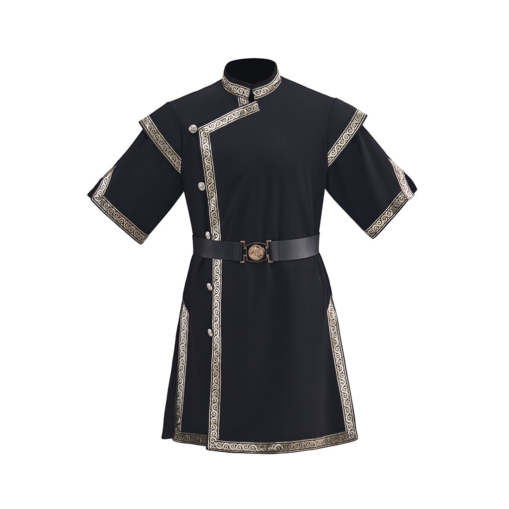 Medieval Black Tunic with Light Colored Trim and Belt Detailing for Historical Reenactments Medieval Themed Events Halloween and Christmas