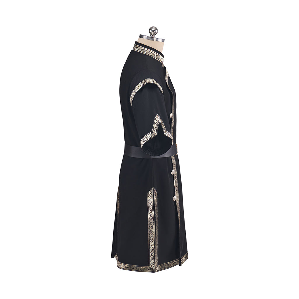 Medieval Black Tunic with Light Colored Trim and Belt Detailing for Historical Reenactments Medieval Themed Events Halloween and Christmas