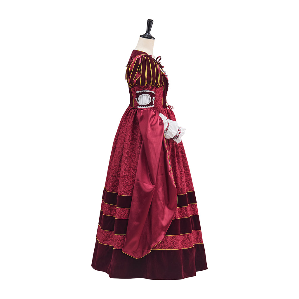 Medieval Red Gown with Dark Striped Detailing and Ornate Cuffed Sleeves for Historical Reenactments Halloween and Christmas