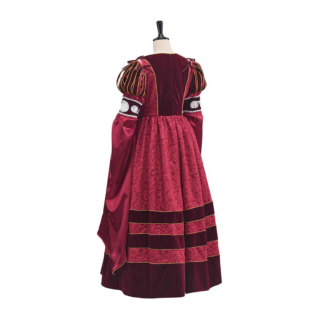 Medieval Red Gown with Dark Striped Detailing and Ornate Cuffed Sleeves for Historical Reenactments Halloween and Christmas