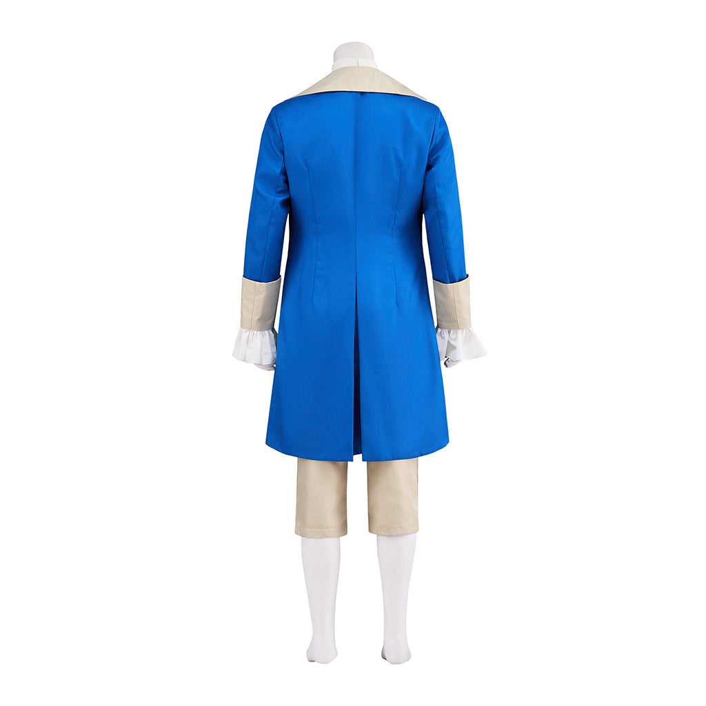 Medieval Blue Coat with White Ruffled Detailing Beige Waistcoat and Breeches for Historical Reenactments Halloween and Christmas