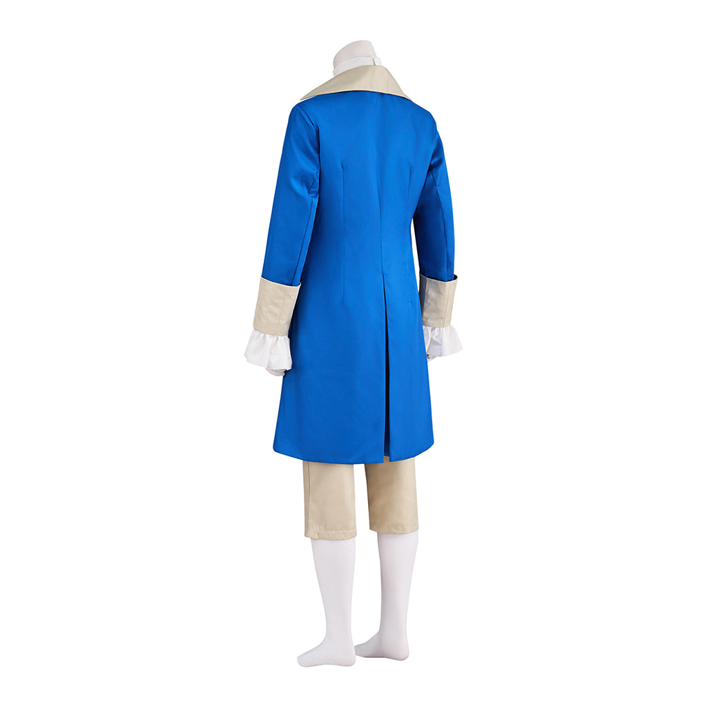 Medieval Blue Coat with White Ruffled Detailing Beige Waistcoat and Breeches for Historical Reenactments Halloween and Christmas