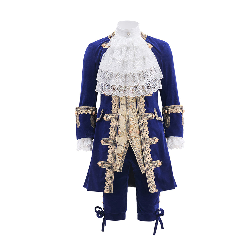 Medieval Royal Blue Velvet Court Suit with Gold Trimmed Details for Historical Reenactments Costume Galas Halloween and Christmas