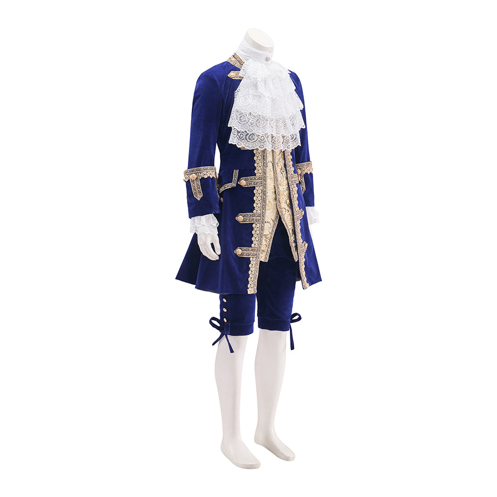 Medieval Royal Blue Velvet Court Suit with Gold Trimmed Details for Historical Reenactments Costume Galas Halloween and Christmas