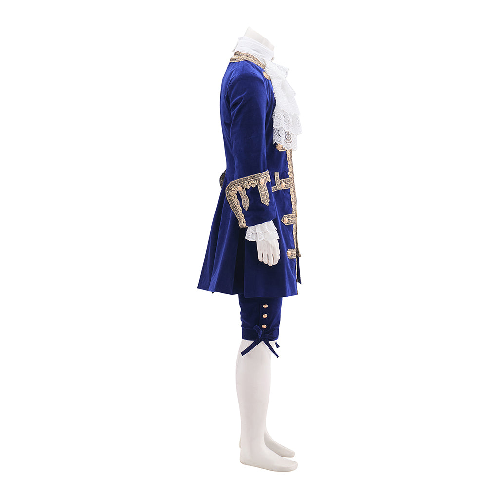 Medieval Royal Blue Velvet Court Suit with Gold Trimmed Details for Historical Reenactments Costume Galas Halloween and Christmas