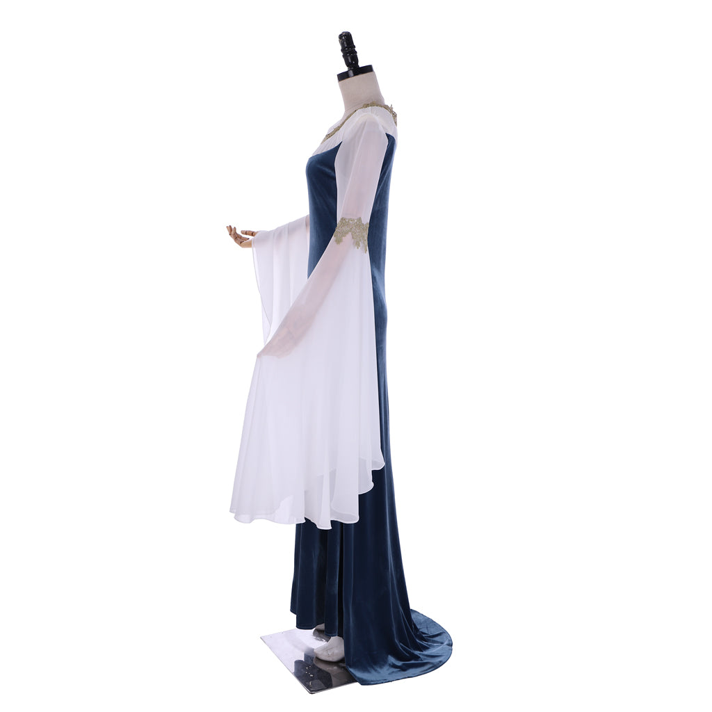 Medieval Costume Handmade Historical Dress Retro Fairy Elf Dark Blue Velvet Gown with Chiffon Sleeves Women Viking Blue Cosplay Costume Adult Renaissance Norse Gothic Flowy Bell - Sleeve Maxi Gown Ladies Halloween Dress