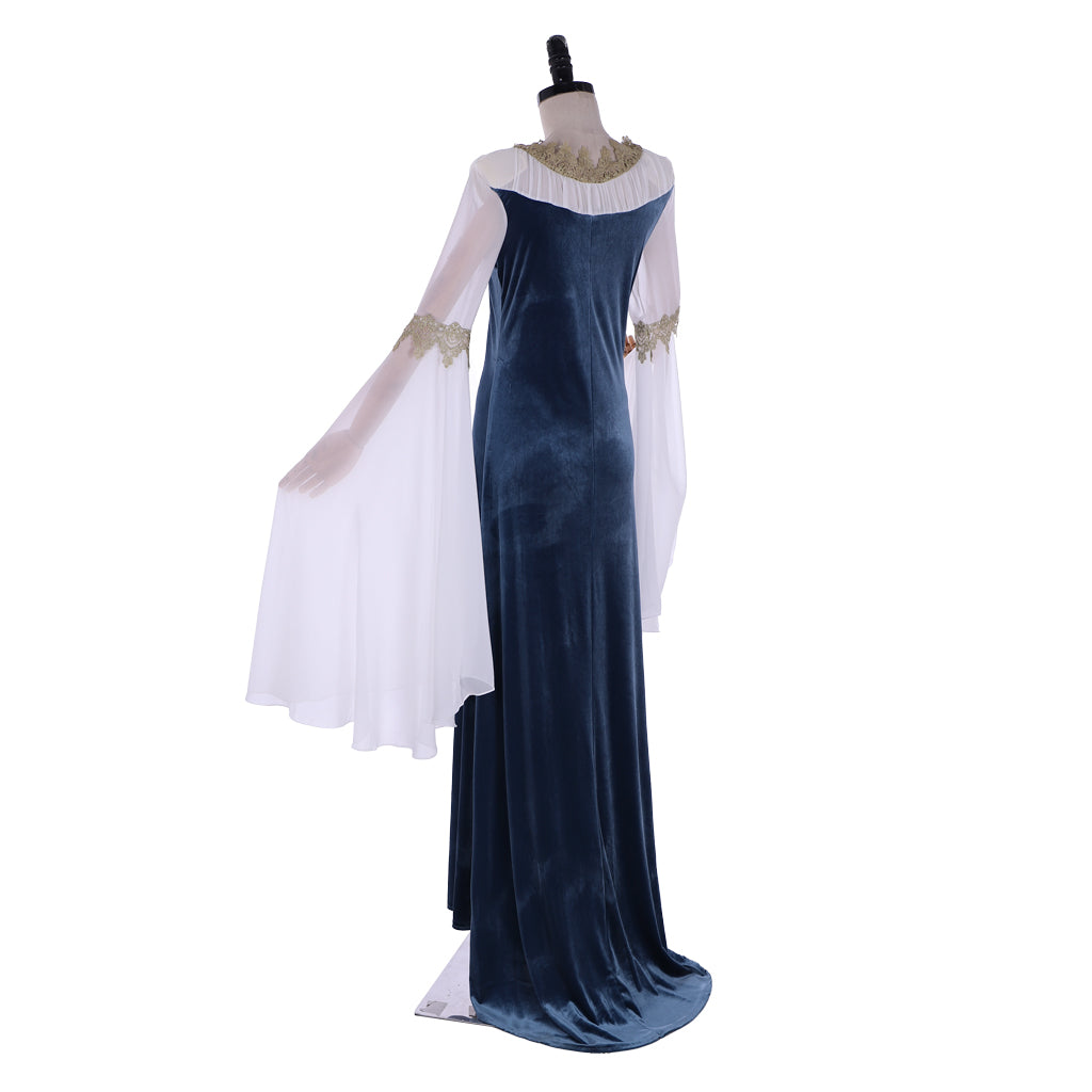 Medieval Costume Handmade Historical Dress Retro Fairy Elf Dark Blue Velvet Gown with Chiffon Sleeves Women Viking Blue Cosplay Costume Adult Renaissance Norse Gothic Flowy Bell - Sleeve Maxi Gown Ladies Halloween Dress