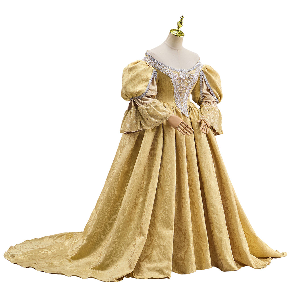 Rococo Victorian Medieval Golden Gown with Puffed Sleeves Court Style Neckline and Full Skirt for Historical Reenactments Halloween and Christmas