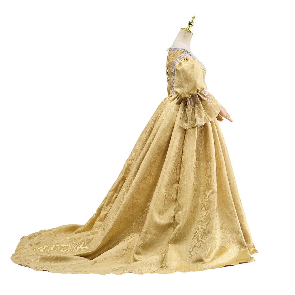 Rococo Victorian Medieval Golden Gown with Puffed Sleeves Court Style Neckline and Full Skirt for Historical Reenactments Halloween and Christmas