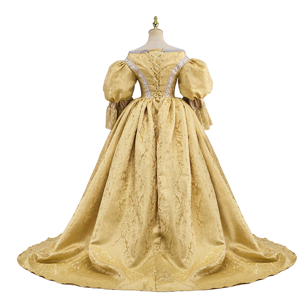 Rococo Victorian Medieval Golden Gown with Puffed Sleeves Court Style Neckline and Full Skirt for Historical Reenactments Halloween and Christmas