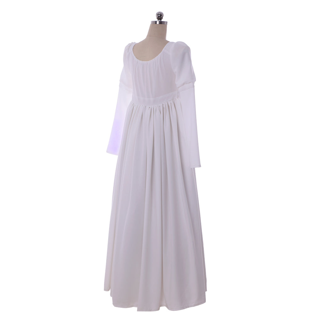 Medieval White Regency Dress Empire Waist Jane Austen Dress Tea Party Medieval Vintage Ball Gown Costume Retro Renaissance White Flowy Square Neck Long Sleeve Maxi Dress Women Cosplay Costume Adult Ladies Halloween Gown