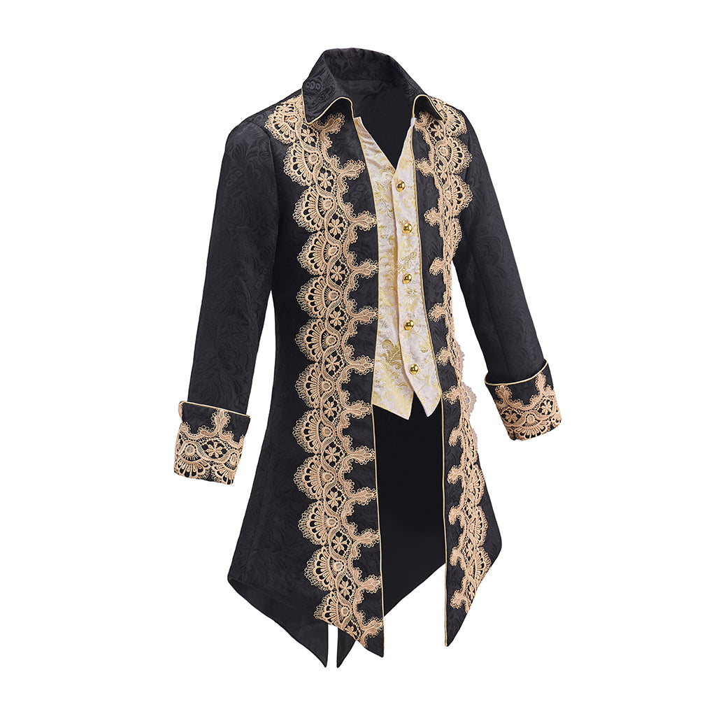 Medieval Black Velvet Gold Embroidered Tailcoat for Historical Reenactments Medieval Themed Events Halloween and Christmas Celebrations