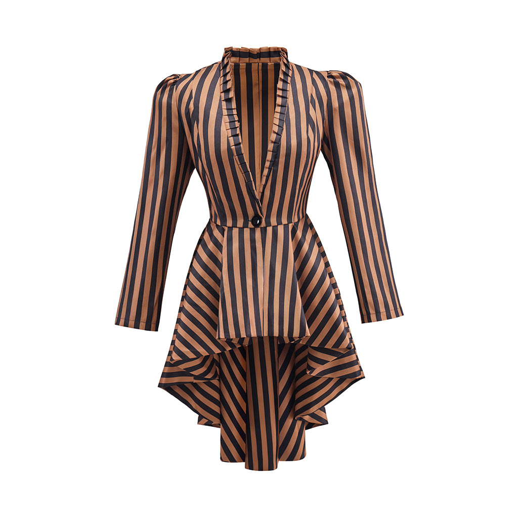 Medieval Brown Black Striped Stand Collar Tailored Coat for Medieval Themed Gatherings Renaissance Halloween and Christmas