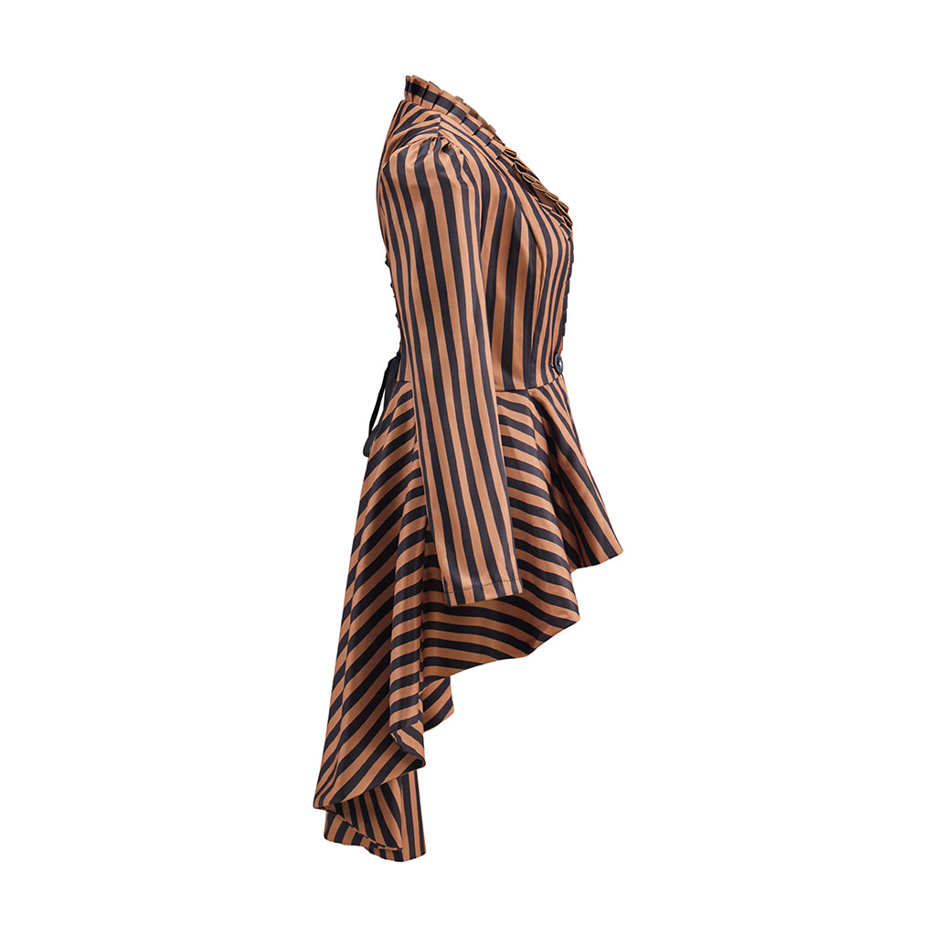 Medieval Brown Black Striped Stand Collar Tailored Coat for Medieval Themed Gatherings Renaissance Halloween and Christmas