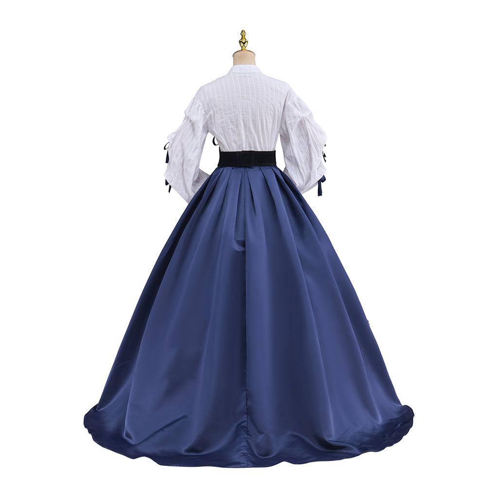 Victorian White Blouse and Navy Blue Ruffled Tiered Ball Gown Set for Historical Reenactments Victorian Themed Events Halloween and Christmas