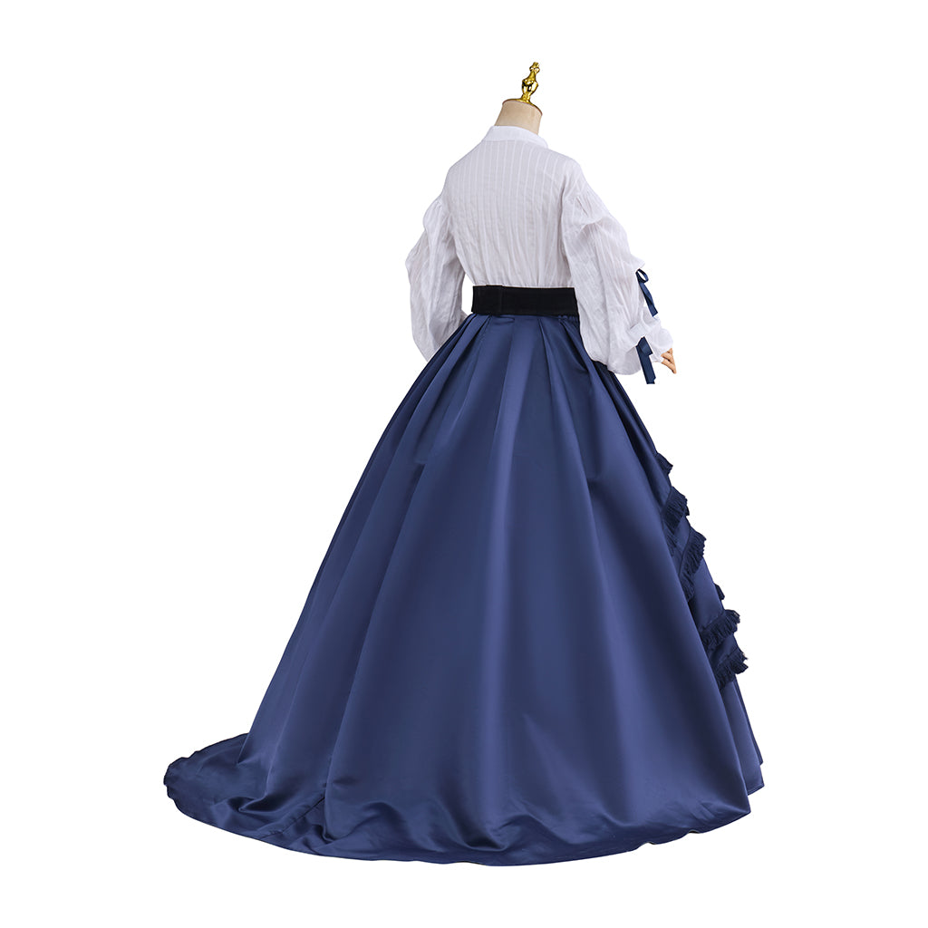 Victorian White Blouse and Navy Blue Ruffled Tiered Ball Gown Set for Historical Reenactments Victorian Themed Events Halloween and Christmas