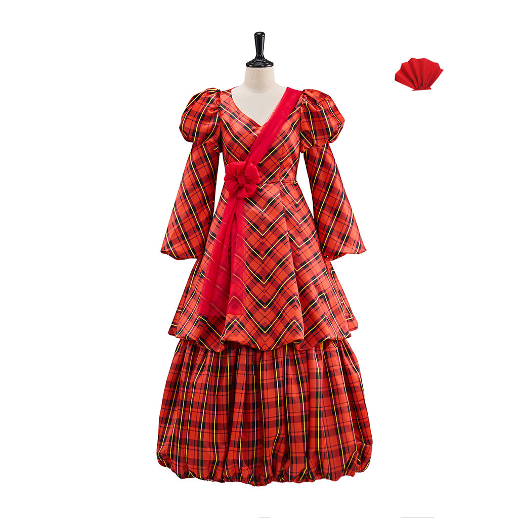 Victorian Red Plaid Long Sleeve V Neck Tiered Gown with Matching Headpiece for Historical Reenactments Halloween and Christmas