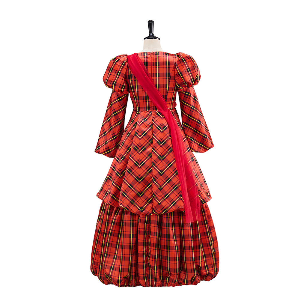 Victorian Red Plaid Long Sleeve V Neck Tiered Gown with Matching Headpiece for Historical Reenactments Halloween and Christmas