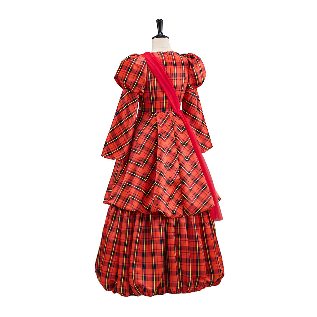Victorian Red Plaid Long Sleeve V Neck Tiered Gown with Matching Headpiece for Historical Reenactments Halloween and Christmas