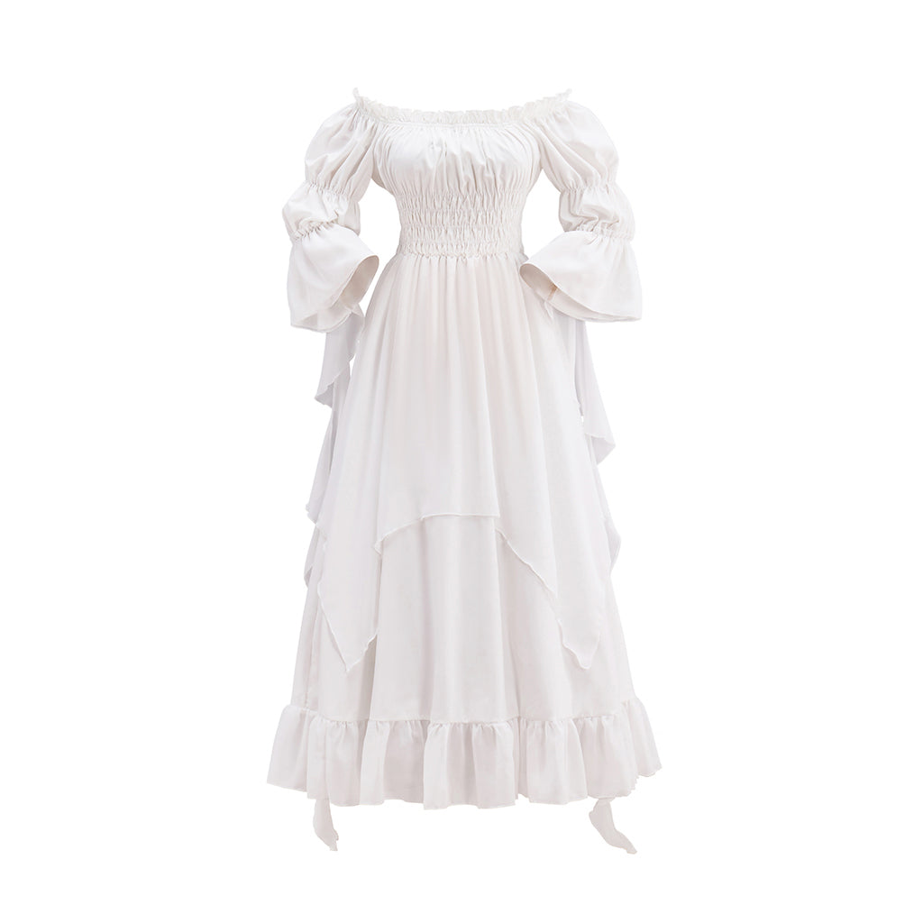 Victorian White Puff Sleeve Corset Waist Tiered Gown for Historical Reenactments Halloween and Christmas Celebrations