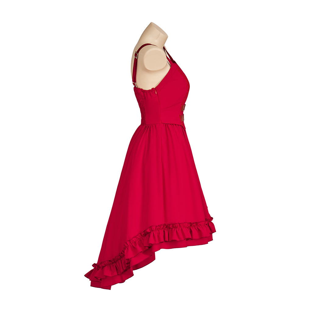 Medieval Style Red Spaghetti - Strapped High Low Dress Belted Waist for Historical Reenactments Medieval Themed Gatherings Halloween Christmas