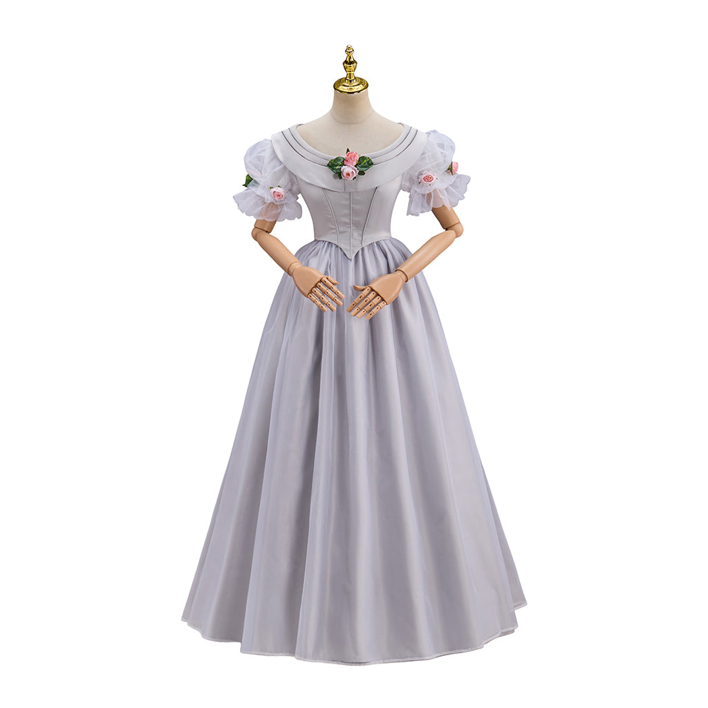 Regency Light Gray Square Neck Puff Sleeve Maxi Gown for Historical Reenactments Regency Themed Events Costume Parties Halloween and Christmas