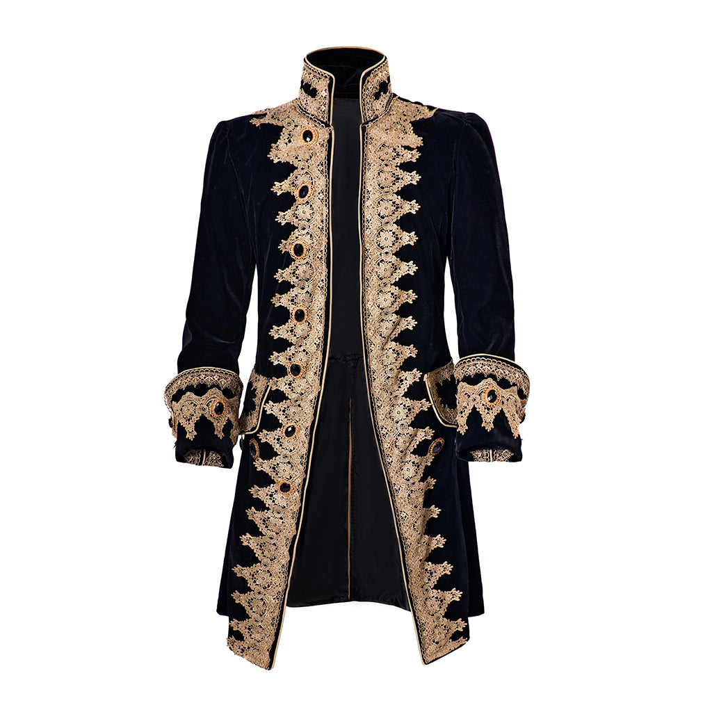 Medieval Regal Black Long Coat with Elaborate Gold Trim Detailing for Historical Reenactments Cosplay Events Halloween Christmas