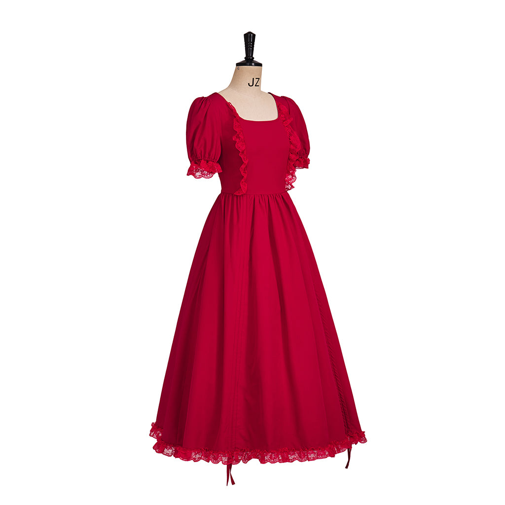 Medieval Style Red Square Necked Puff Sleeved Maxi Dress with Lace Trimmed Hem for Historical Reenactments Halloween Christmas
