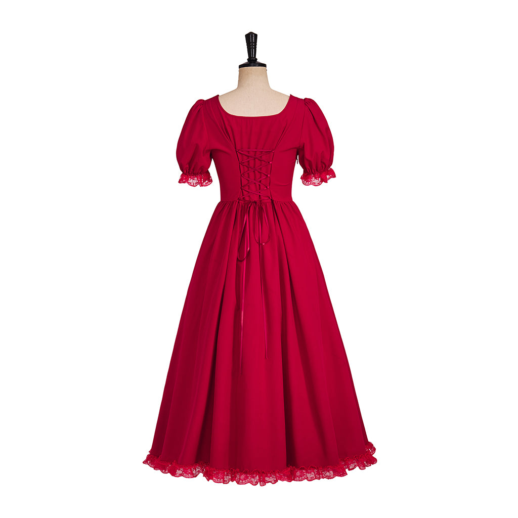 Medieval Style Red Square Necked Puff Sleeved Maxi Dress with Lace Trimmed Hem for Historical Reenactments Halloween Christmas