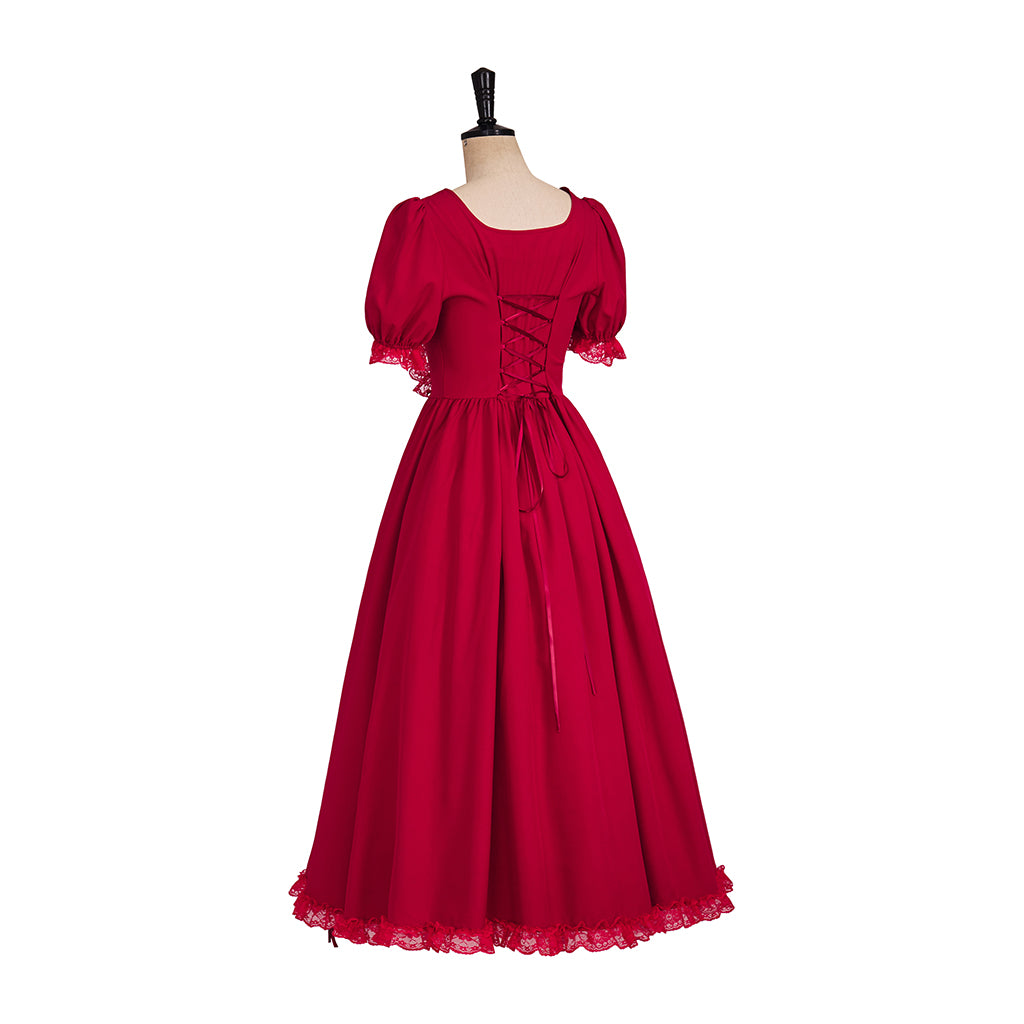 Medieval Style Red Square Necked Puff Sleeved Maxi Dress with Lace Trimmed Hem for Historical Reenactments Halloween Christmas