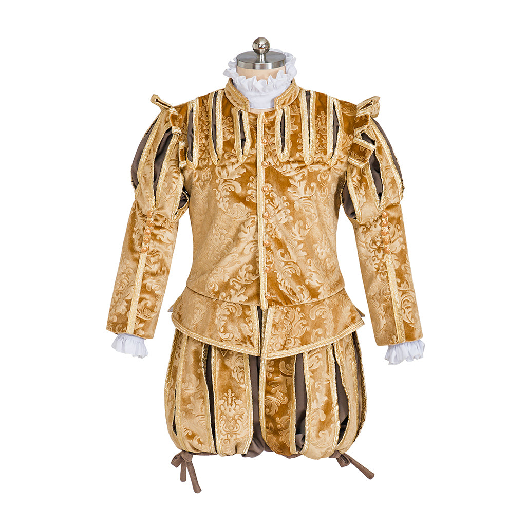 Medieval Style Gold Velvet Ornate Noble Ensemble with Caped Shoulder, Embroidered Detailing and Matching Hat for Historical Halloween Christmas