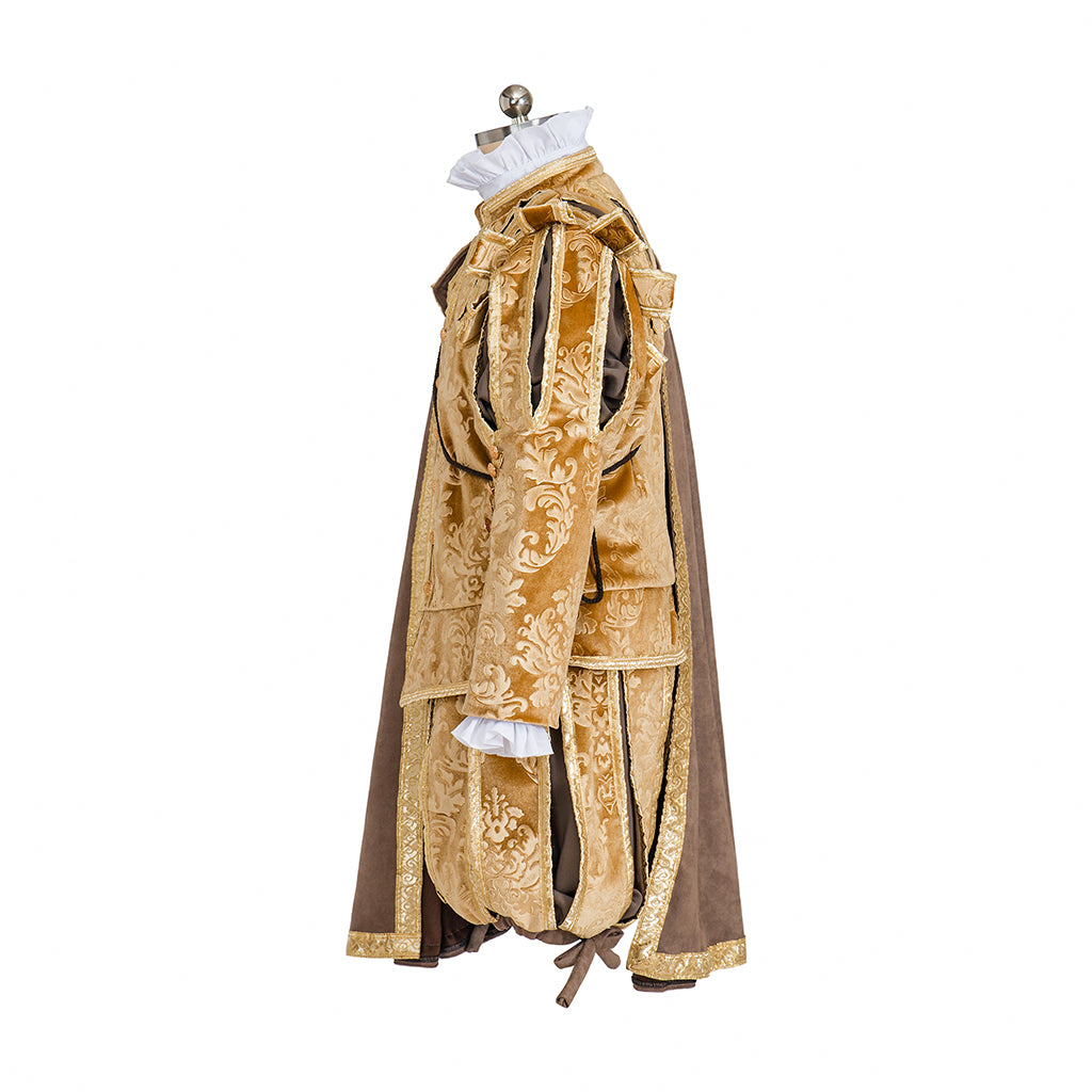 Medieval Style Gold Velvet Ornate Noble Ensemble with Caped Shoulder, Embroidered Detailing and Matching Hat for Historical Halloween Christmas